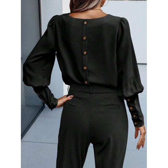 Kadın Uzun Kollu Yuvarlak Yakalı Düğmeli Ithal Krep Bluz