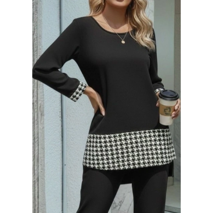 Kadın Uzun Kollu Yuvarlak Yakalı Kaz Ayağı Detaylı Viskon Iki Iplik Bluz Ve Pantolon Ikili Takım