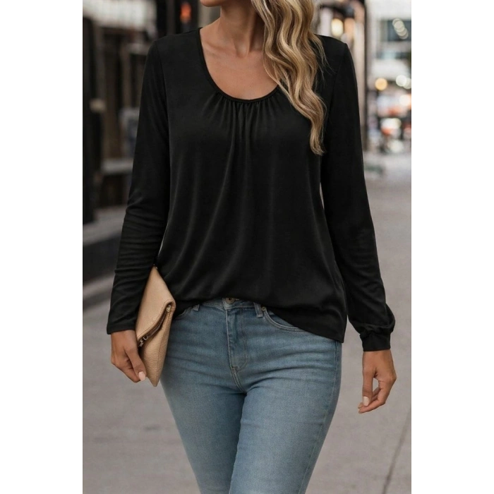 Kadın Uzun Kollu Yuvarlak Yakalı Viskon Bluz