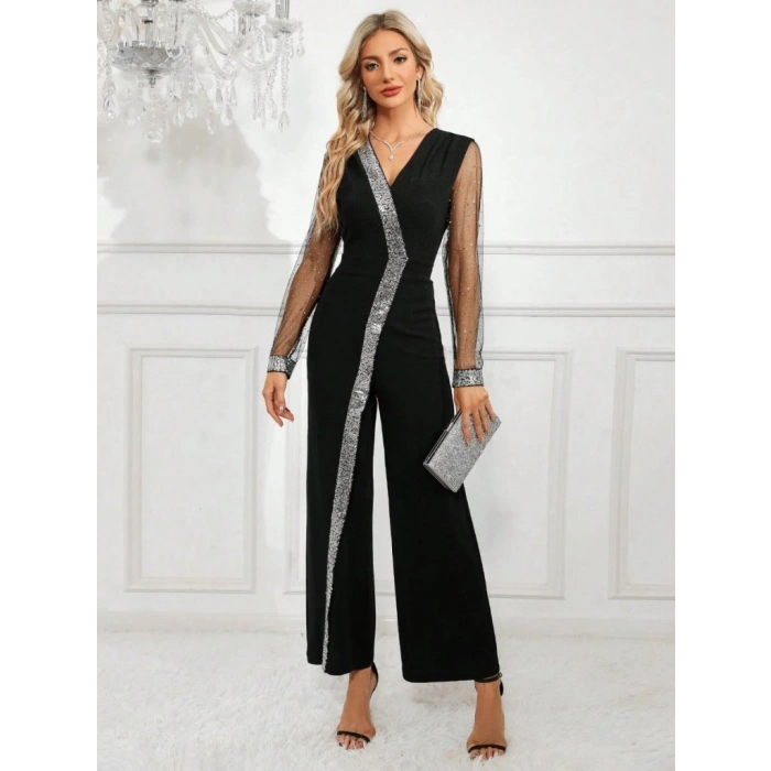 Kadın Uzun V Yakalı önden Pulpayet Detaylı Tüllü Uzun Ithal Krep Tulum