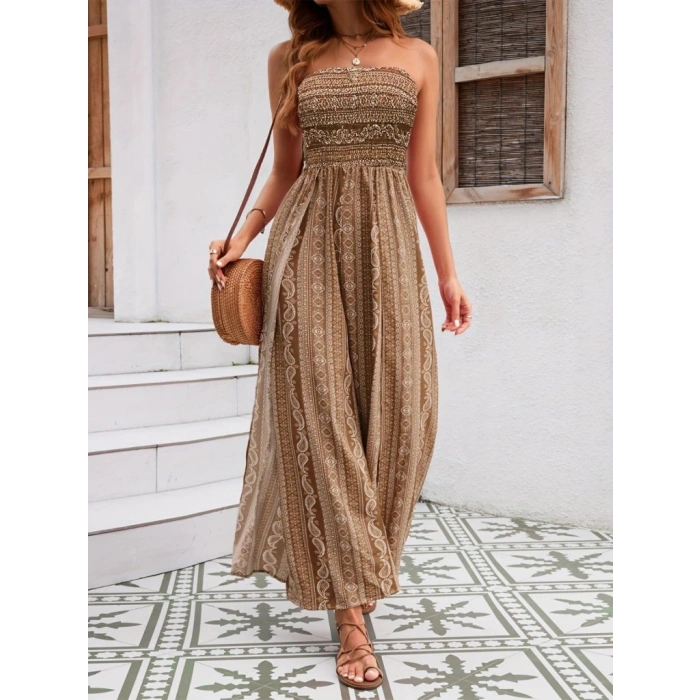 Kadın Yakası Gipe Detaylı önden Yırtmaç Detaylı Desenli Süprem Pantolun Etek Tulum