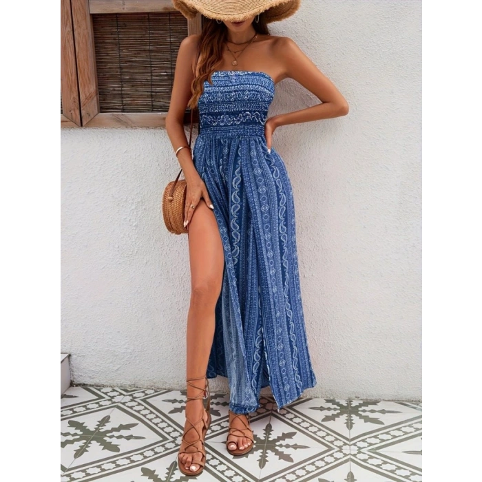 Kadın Yakası Gipe Detaylı önden Yırtmaç Detaylı Desenli Süprem Pantolunetek Tulum