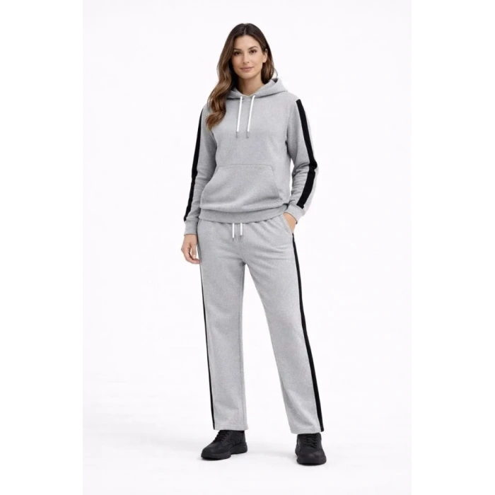 KADIN Yandan Şeritli Eşofman Takım Kapüşonlu Sweatshirt Boru Paça Alt, Oversize 3 Iplik Pamuklu - Gri