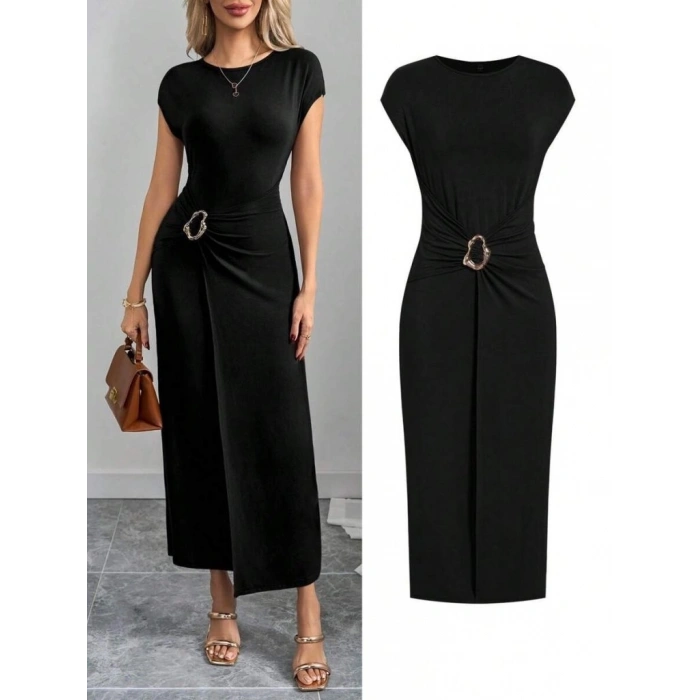 Kadın Yarım Ay Kollu Yuvarlak Yaka önünde Toka Detaylı Modal Maxi Elbise