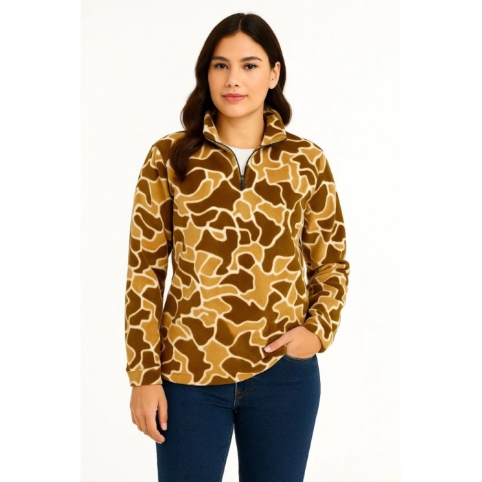 KADIN Yarım Fermuarlı Desenli Polar Sweat Yakalı, Uzun Kollu, Oversize Rahat Kalıp - Kahverengi
