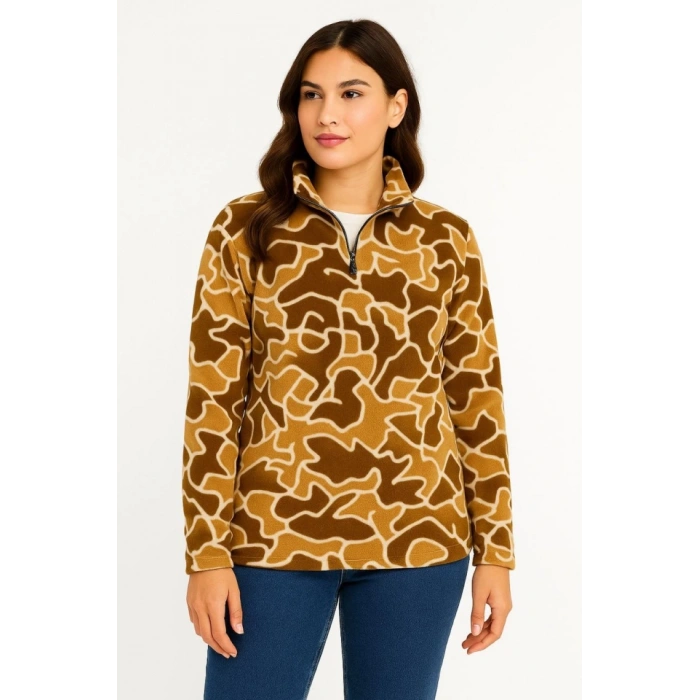 KADIN Yarım Fermuarlı Desenli Polar Sweat Yakalı, Uzun Kollu, Oversize Rahat Kalıp - Kahverengi