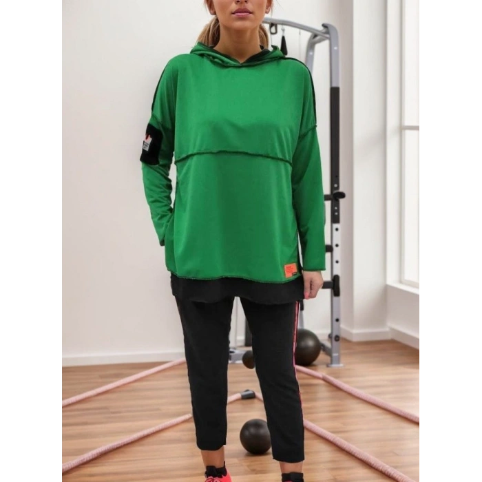 Kadın Yeşil Kapşonlu Etek Ucu Detay Arma Ters Dikiş Gorunumlu Ikili Takım