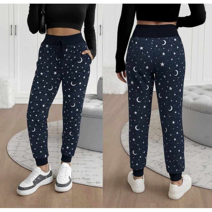 Kadın Yüksek Bel Bağcıklı Desenli Iki Iplik Pantolon