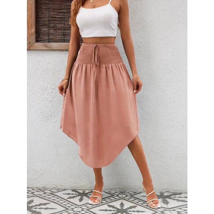 Kadın Yüksek Bel Belden Bağlamalı Asimetrik Kesim Detaylı Sandy Etek