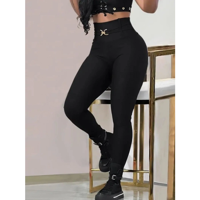 Kadın Yüksek Bel Belden Toka Detaylı Dalgıç Tayt