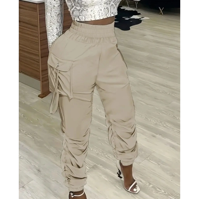 Kadın Yüksek Bel Beli Lastikli Kargo Cep Detaylı Gabardin Pantolon