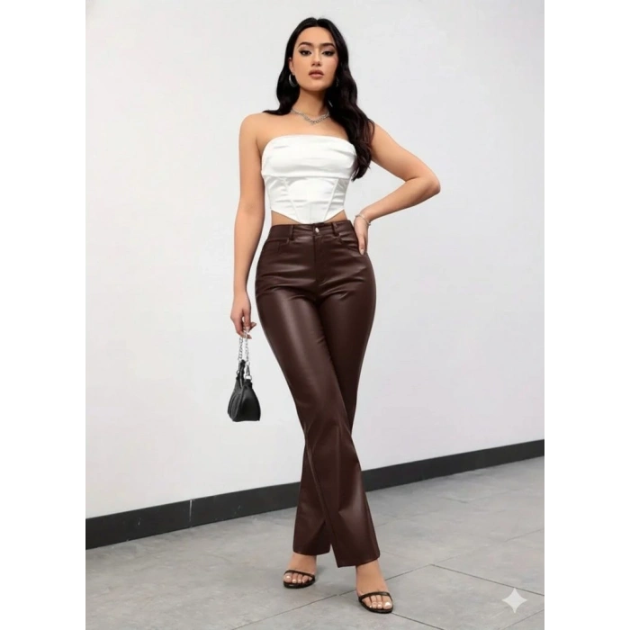 Kadın Yüksek Bel Cepli Deri Pantolon