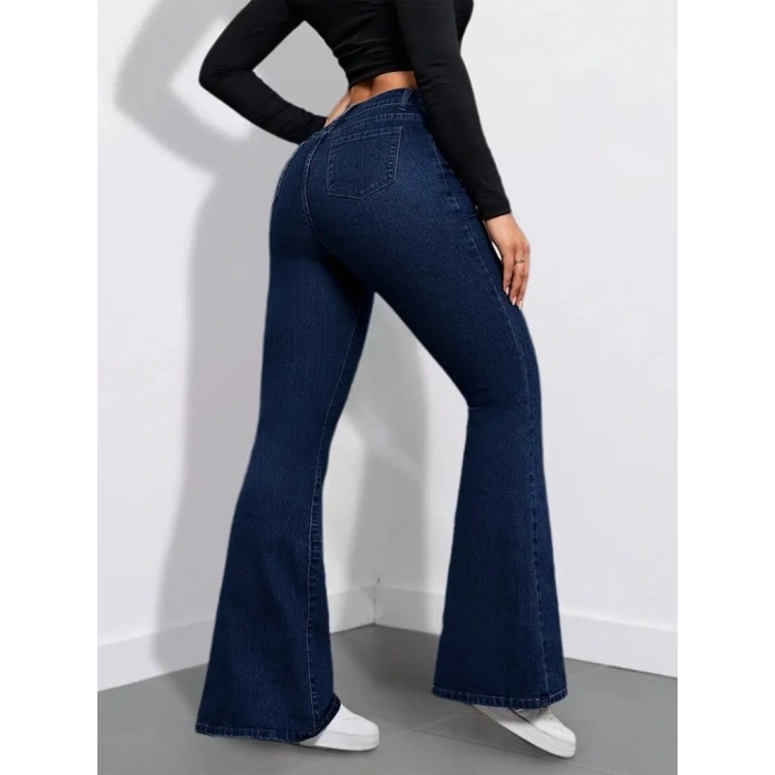 Kadın Yüksek Bel Cepli İspanyol Paçalı Kot Pantolon