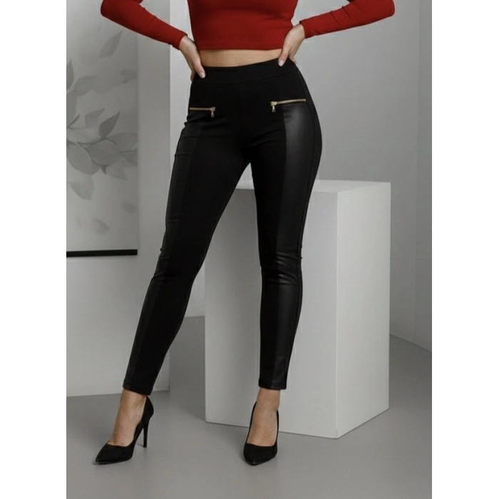 Kadın Yüksek Bel Deri Detaylı Fermuarlı Dalgıç Tayt