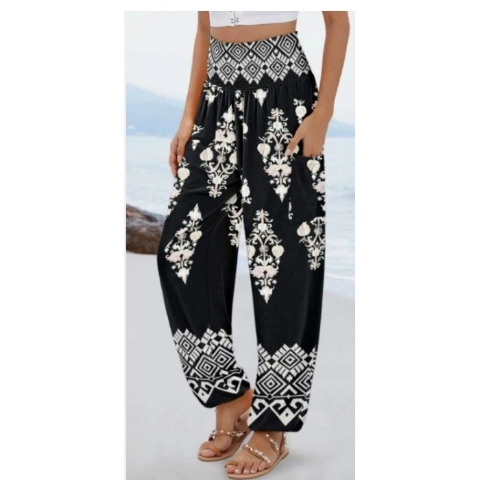 Kadın Yüksek Bel Desenli Lastikli Süprem Pantolon