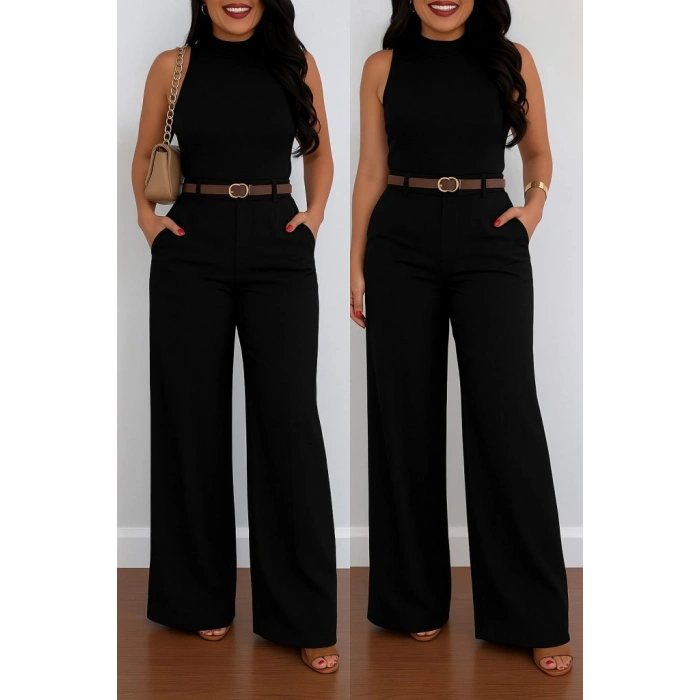 Kadın Yüksek Bel Geniş Paça Detaylı Cepli Ithal Krep Pantolon