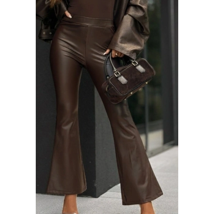 Kadın Yüksek Bel İspanyol Paçalı Deri Pantolon