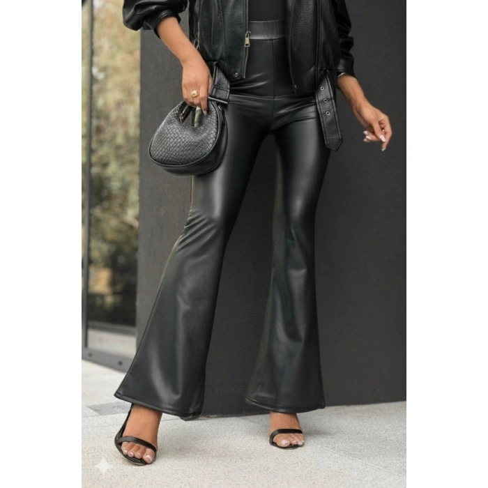 Kadın Yüksek Bel İspanyol Paçalı Deri Pantolon