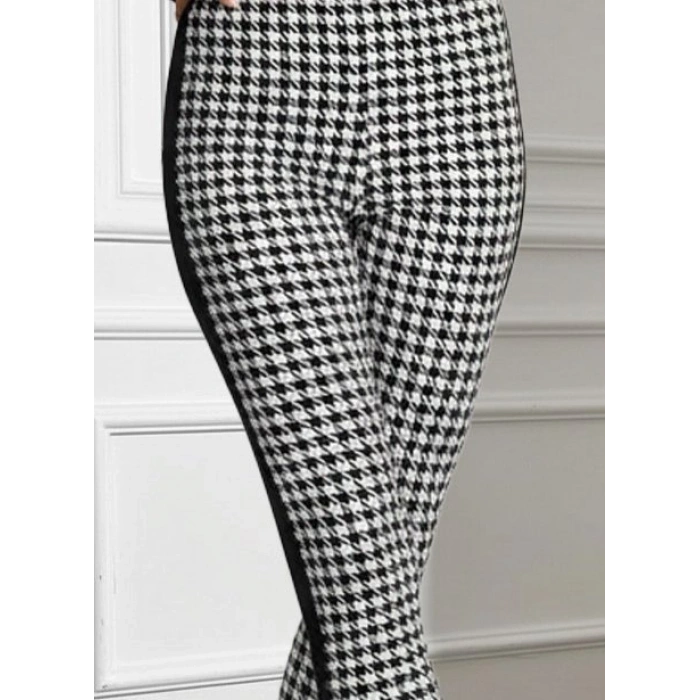 Kadın Yüksek Bel Kaz Ayağı Desenli Yanları şeritli Dalgıç Pantolon