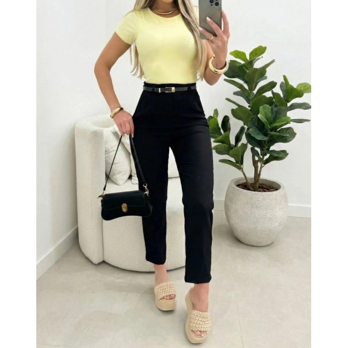 Kadın Yüksek Bel Kemersiz Ithal Krep Pantolon
