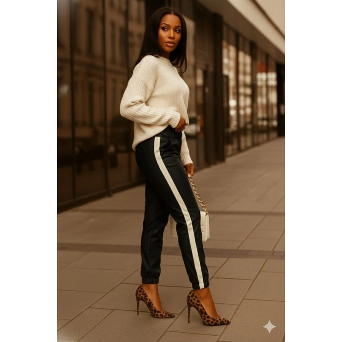 Kadın Yüksek Bel Lastikli Yan şerit Detaylı Deri Pantolon