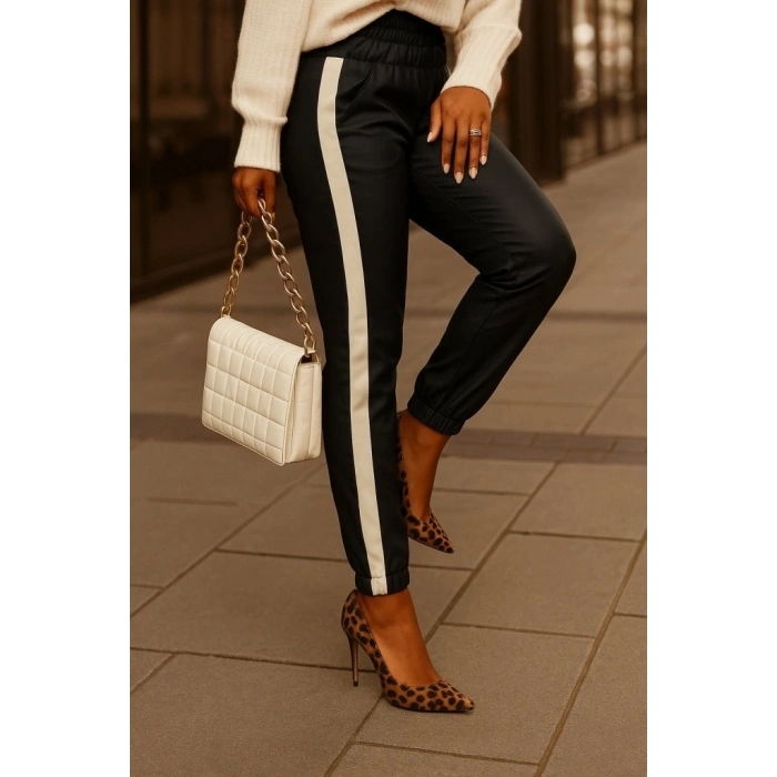 Kadın Yüksek Bel Lastikli Yan şerit Detaylı Deri Pantolon