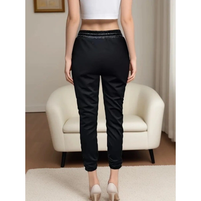 Kadın Yüksek Bel Lastikli Yanda Dantel Detaylı Bağcıklı Deri Pantolon