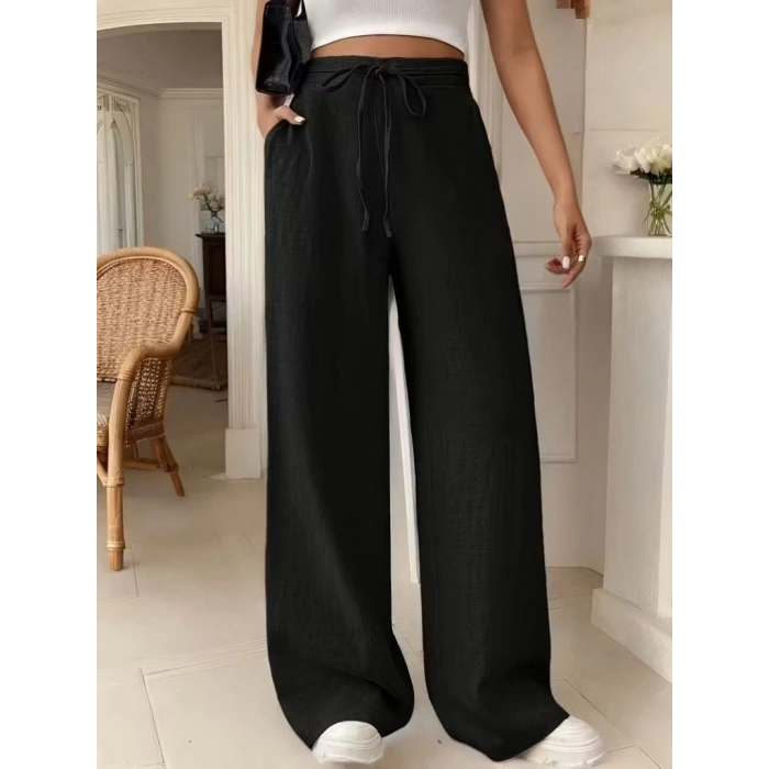 Kadın Yüksek Bel önden Bağlamalı Geniş Kesim Detaylı Uzun Pantolon