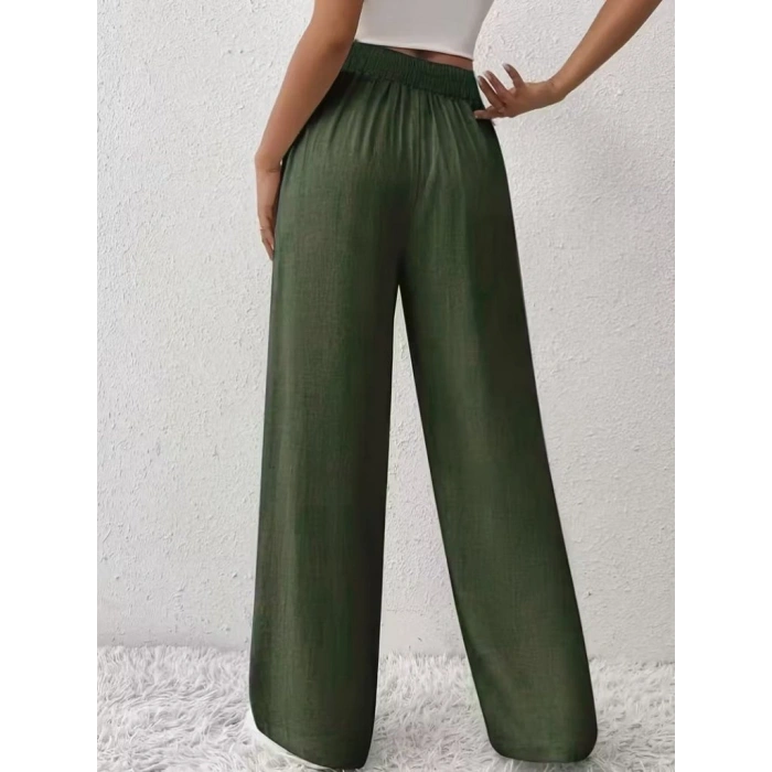 Kadın Yüksek Bel önden Bağlamalı Geniş Kesim Detaylı Uzun Pantolon