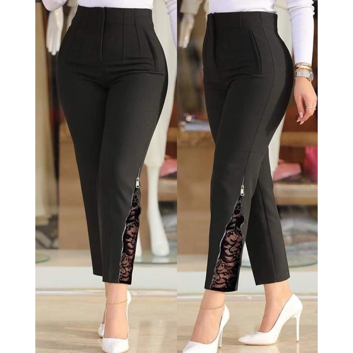 Kadın Yüksek Bel önden Nervürlü Ve Fermuarlı Yandan Dantelli Ithal Krep Pantolon