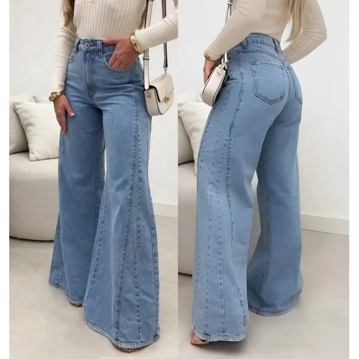 Kadın Yüksek Bel Paçaya Doğru Geniş Kesimli Kot Pantolon