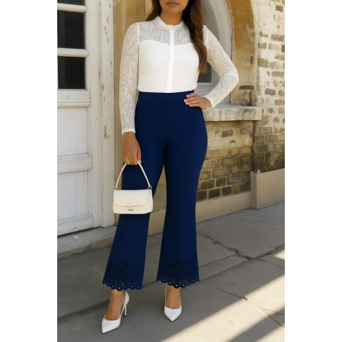 Kadın Yüksek Bel Paçaya Doğru Genişleyen Lazer çiçek Kesim Detaylı Ithal Krep Pantolon