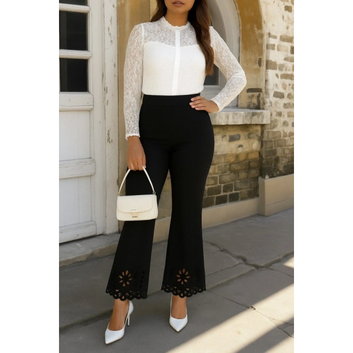 Kadın Yüksek Bel Paçaya Doğru Genişleyen Lazer çiçek Kesim Detaylı Ithal Krep Pantolon