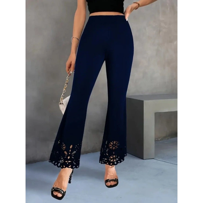 Kadın Yüksek Bel Paçaya Doğru Genişleyen Lazer çiçek Kesim Detaylı Ithal Krep Pantolon