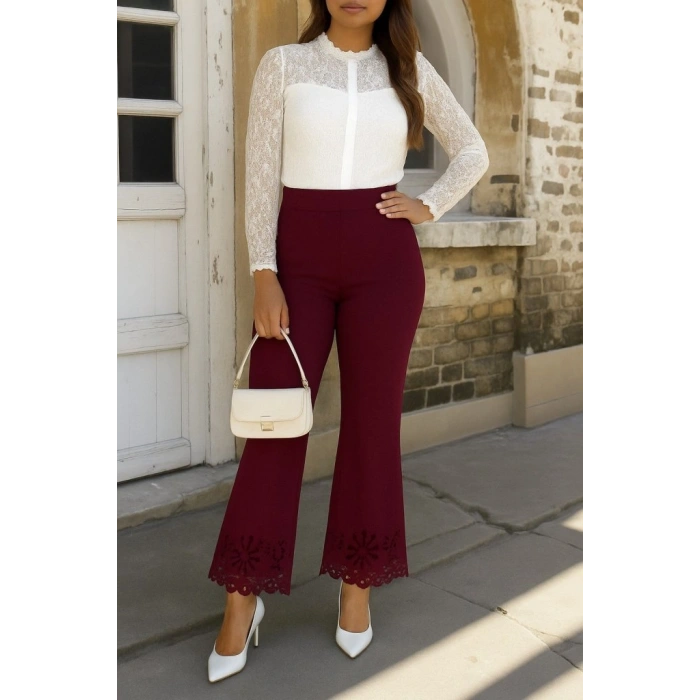 Kadın Yüksek Bel Paçaya Doğru Genişleyen Lazer çiçek Kesim Detaylı Ithal Krep Pantolon