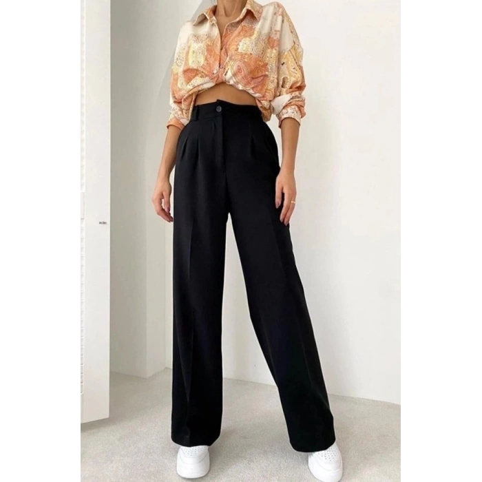 Kadın Yüksek Bel Pileli Palazzo Pantolon