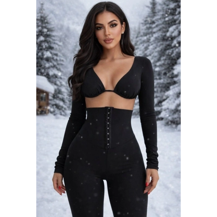 Kadın Yüksek Bel Toparlayıcı Korse Detay Agraflı çelik Kumaş Tayt