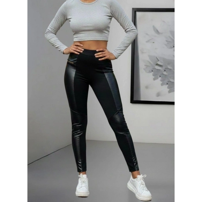 Kadın Yüksek Bel Yan şerit Deri Detay Fermuarlı Dalgıç Tayt