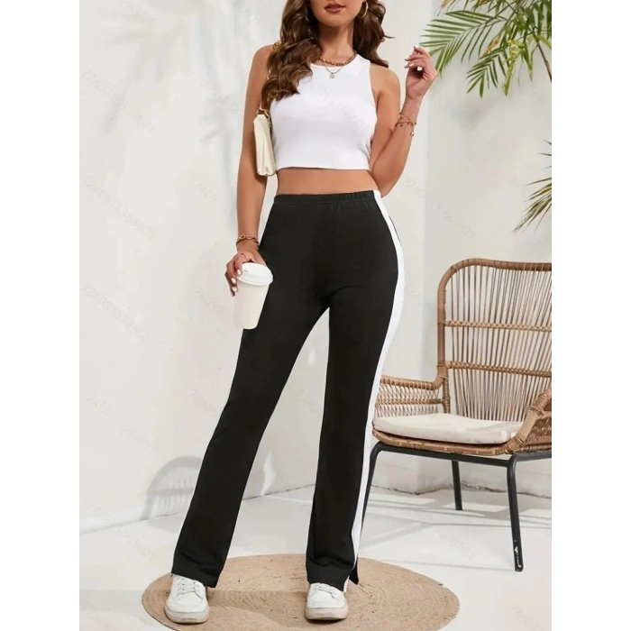 Kadın Yüksek Bel Yan şerit Detaylı Yırtmaçlı Viskon Iki Iplik Pantolon