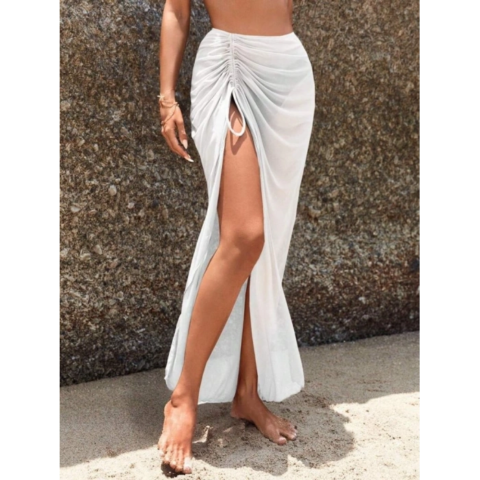 Kadın Yüksek Bel Yandan Büzgülü Uzun Tül Detaylı Pareo