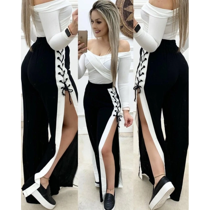 Kadın Yüksek Bel Yandan çapraz Bağcıklı Yırtmaçlı Viskon Iki Iplik Pantolon