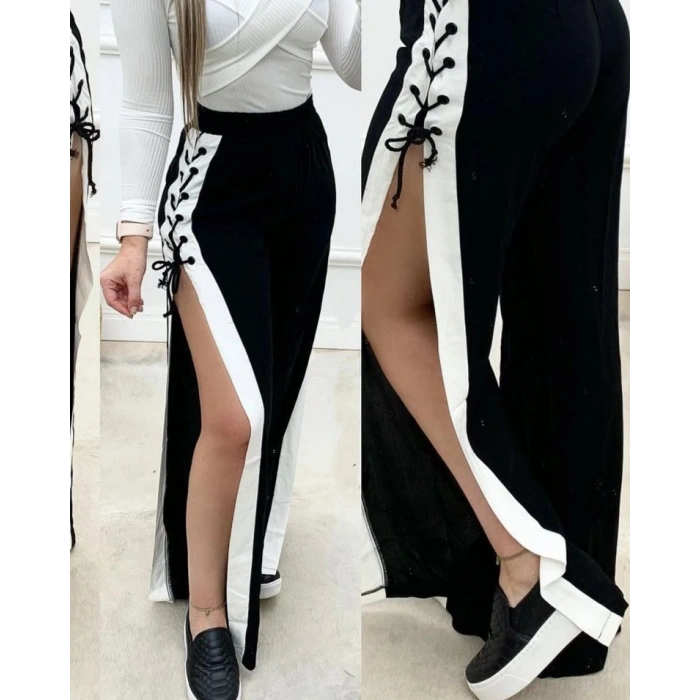 Kadın Yüksek Bel Yandan çapraz Bağcıklı Yırtmaçlı Viskon Iki Iplik Pantolon