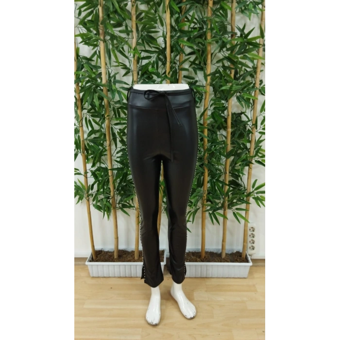 Kadın Yüksek Bel Yanlardan Incili Yırtmaçlı Uzun Deri Tayt