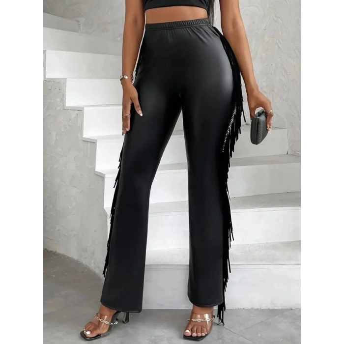 Kadın Yüksek Bel Yanlardan Püsküllü Deri Pantolon