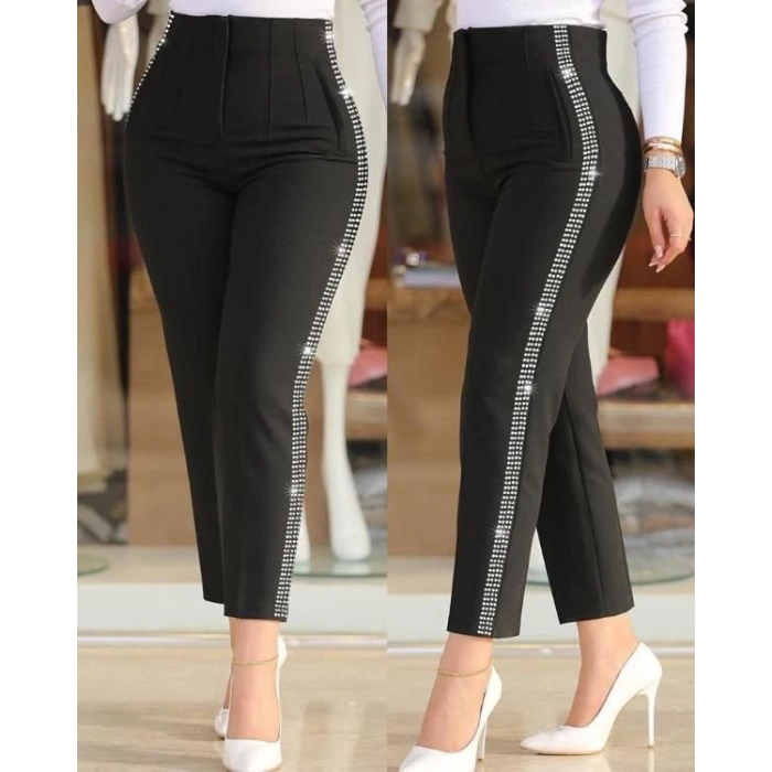 Kadın Yüksek Bel Yanlardan Taş Detaylı Ithal Krep Pantolon