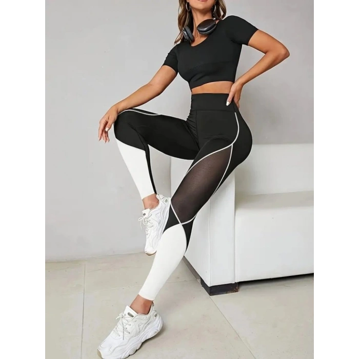 Kadın Yüksek Bel Yanlardan Tül Detaylı çift Renkli Spor Dalgıç Tayt