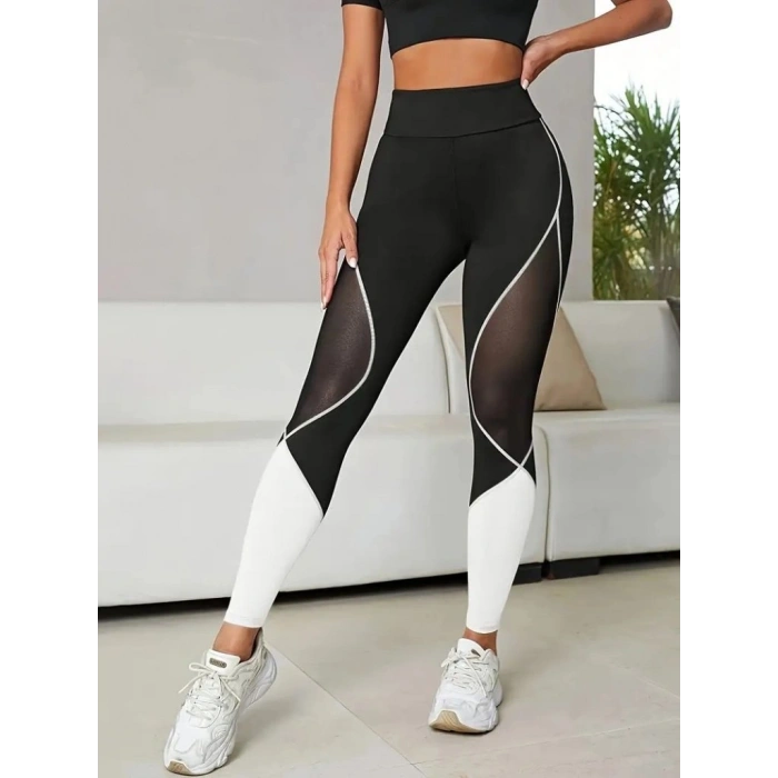 Kadın Yüksek Bel Yanlardan Tül Detaylı çift Renkli Spor Dalgıç Tayt