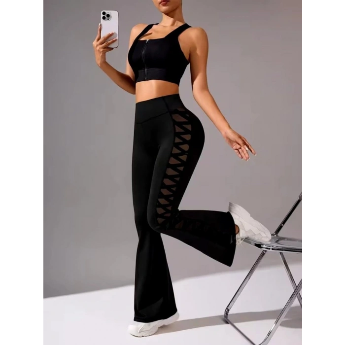 Kadın Yüksek Bel Yanları çapraz Tül Detaylı Dalgıç Tayt