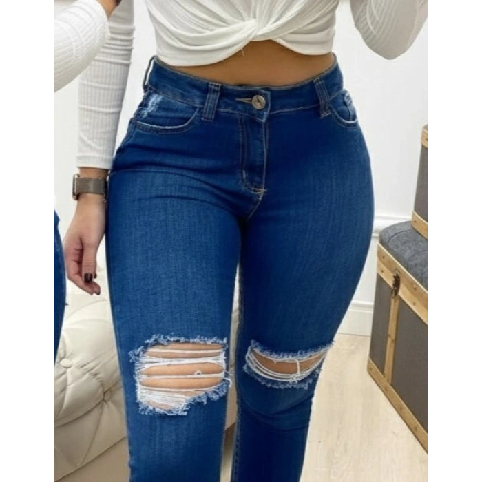 Kadın Yüksek Bel Yırtık Detaylı Skinny Kot Pantolon