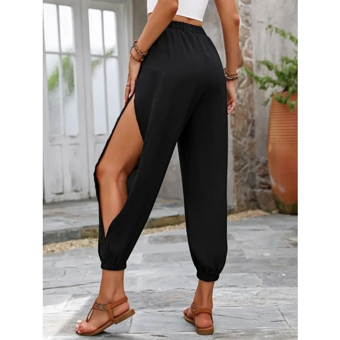 Kadın Yüksek Belli Yanlardan çapraz Detay Yırtmaçlı Viskon Pantolon